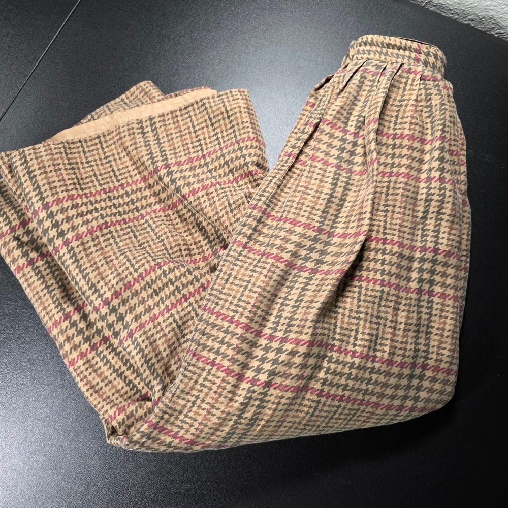 Lauren Ralph Lauren 100% Silk Houndstooth Plaid Pleated Midi Skirt Tan 20W